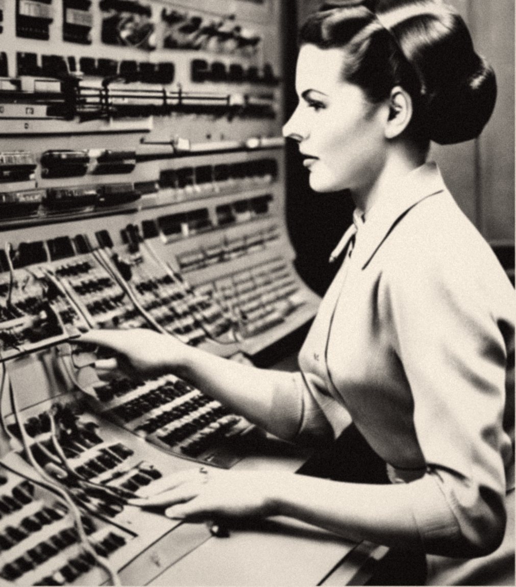 Black-and-white image of a switchboard operator connecting calls